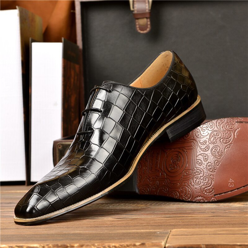 Pánska Spoločenská Obuv Croc-embossed Leather Oxford - Čierna