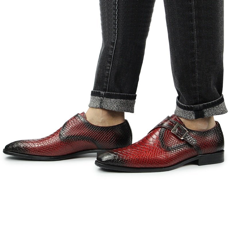 Pánska Spoločenská Obuv Crocodile Textured Pointe Toe Monkstrap Spoločenské Topánky - Červená