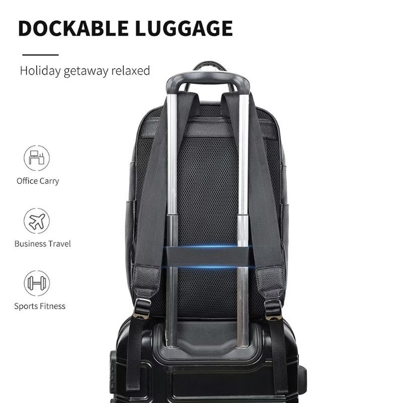 Pánske Batohy Business Travel Tech Backpack Z Hovädzej Kože - Čierna