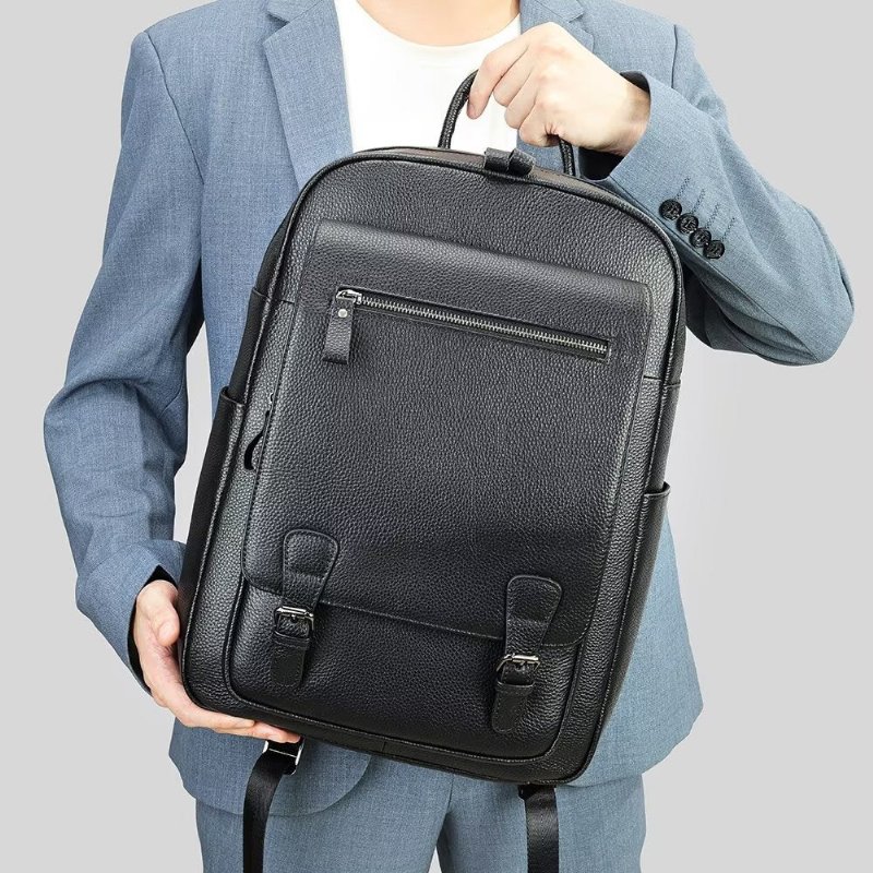 Pánske Batohy Business Travel Tech Backpack Z Hovädzej Kože - Čierna