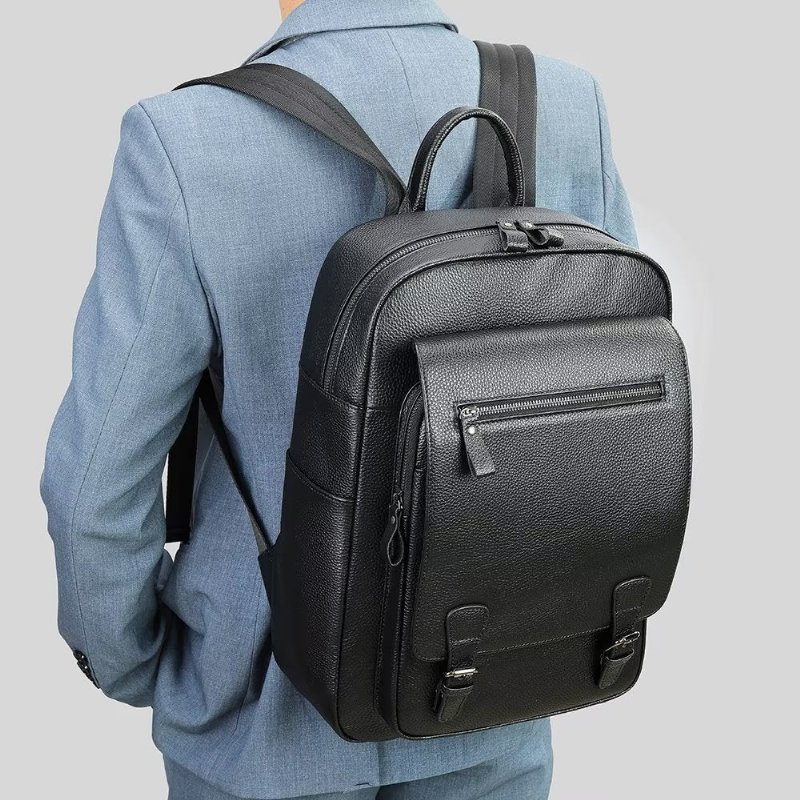 Pánske Batohy Business Travel Tech Backpack Z Hovädzej Kože - Čierna