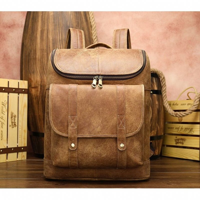 Pánske Batohy Vintage Exotic Leather Zips Softback Fashion Backpack - Káva