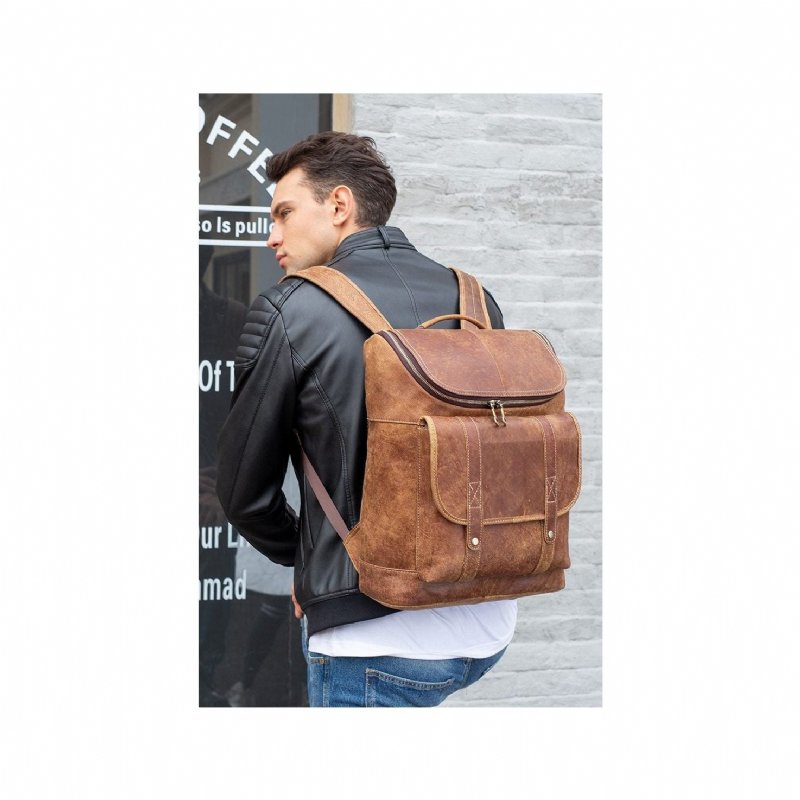 Pánske Batohy Vintage Exotic Leather Zips Softback Fashion Backpack - Káva