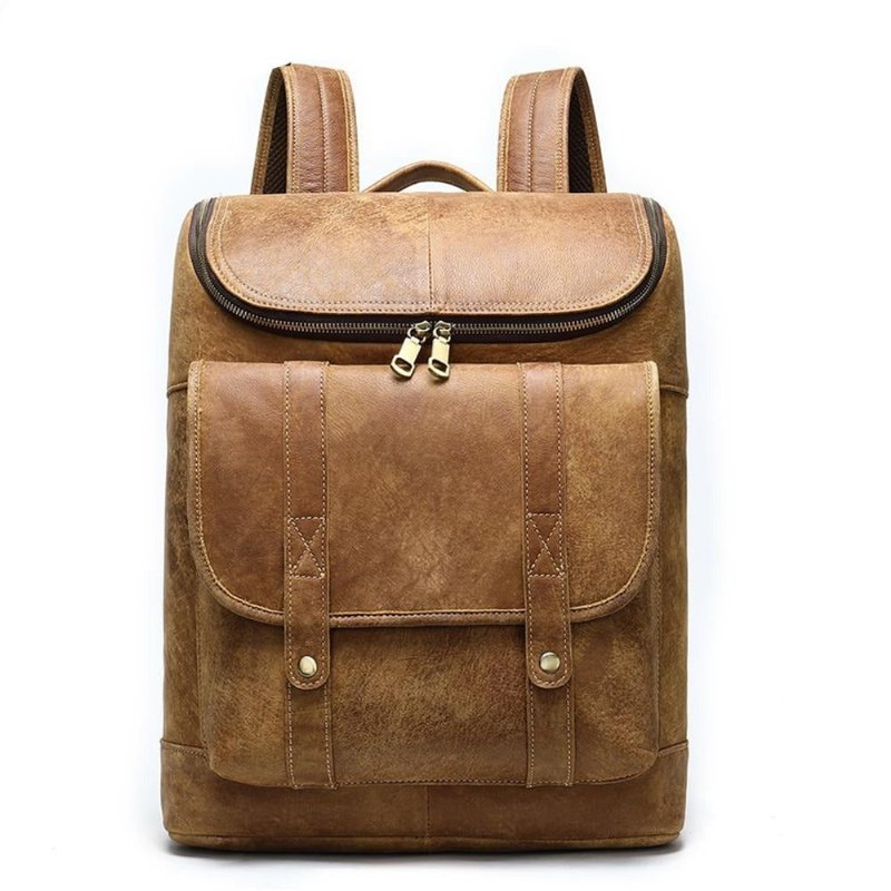 Pánske Batohy Vintage Exotic Leather Zips Softback Fashion Backpack - Káva