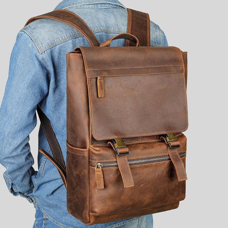 Pánske Batohy Z Hovädzej Kože Business Travel Computer Backpack - Káva