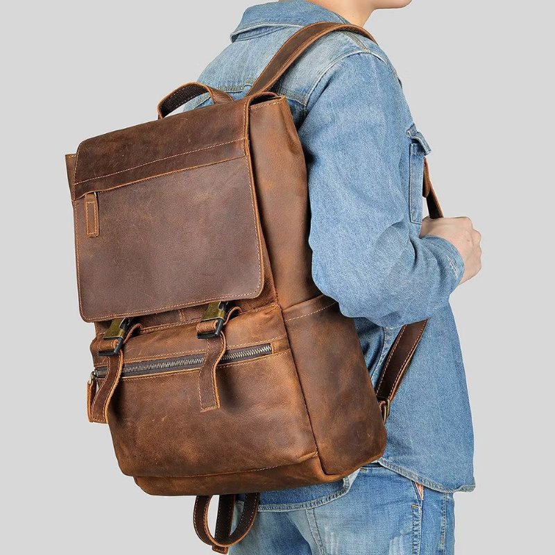 Pánske Batohy Z Hovädzej Kože Business Travel Computer Backpack - Káva