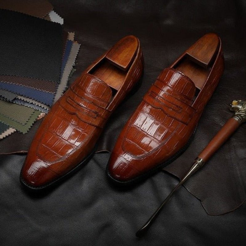 Pánske Formálne Topánky Exotic Texture Slip-on Brogue - Káva