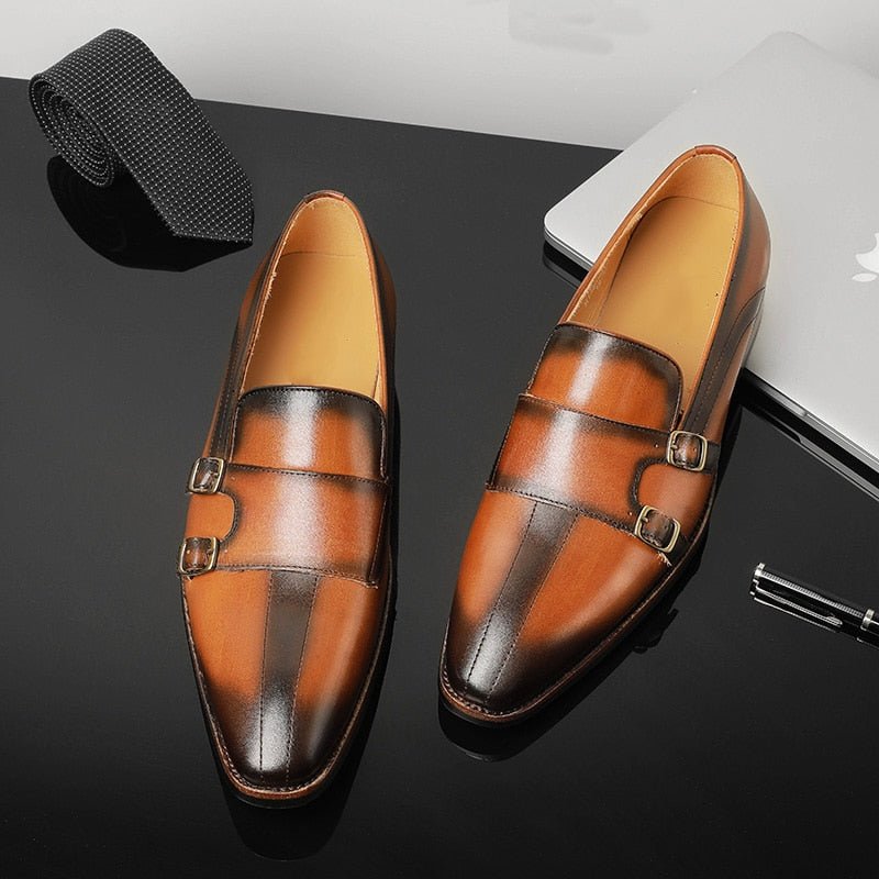 Pánske Mokasíny Na Párty Z Rafinovanej Exotickej Kože Monk Strap - Hnedá