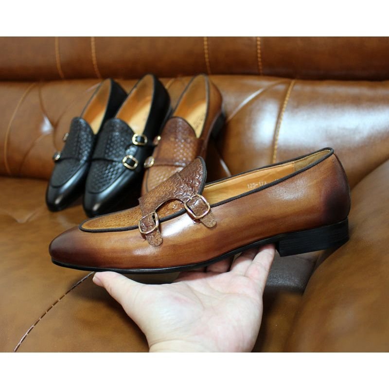 Pánske Mokasíny Suave Kožené Svadobné Monk Strap - Káva