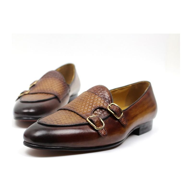 Pánske Mokasíny Suave Kožené Svadobné Monk Strap - Káva