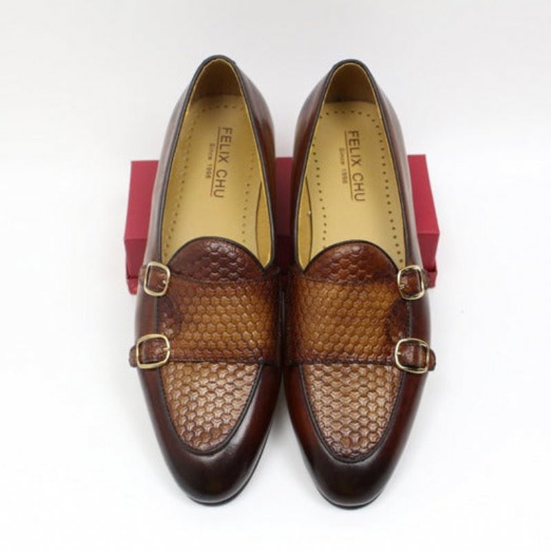 Pánske Mokasíny Suave Kožené Svadobné Monk Strap - Káva