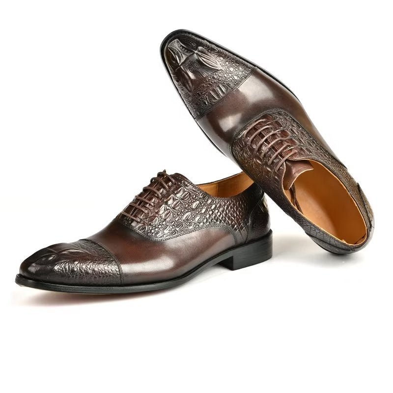 Pánske Spoločenské Topánky Elegance Crocodile Texture Oxford - Káva