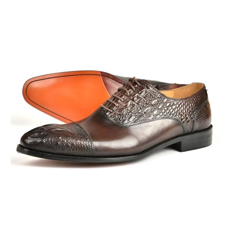 Pánske Spoločenské Topánky Elegance Crocodile Texture Oxford - Káva