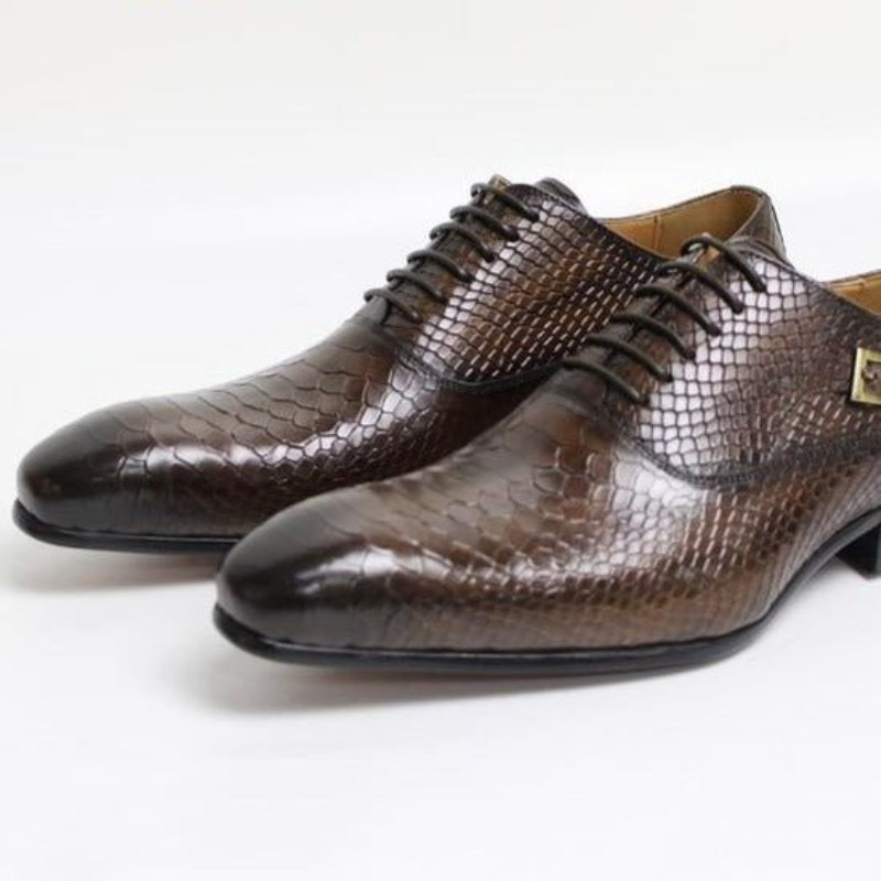 Pánske Spoločenské Topánky Exotic Serpent Pointed Toe Oxford - Káva