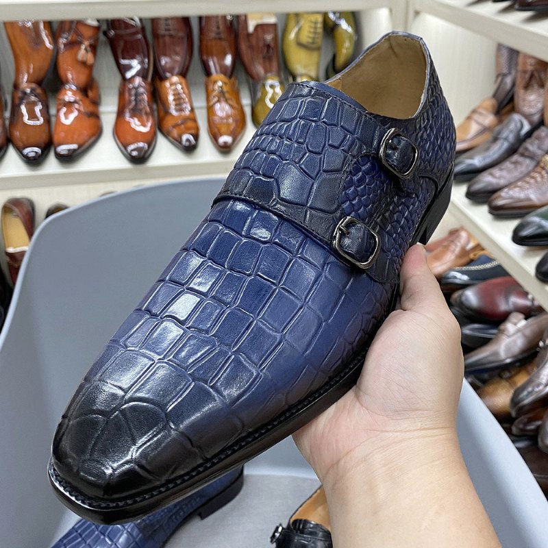 Pánske Spoločenské Topánky Luxusné Crocstride So Štvorcovou Špičkou Monk Strap - Modrá