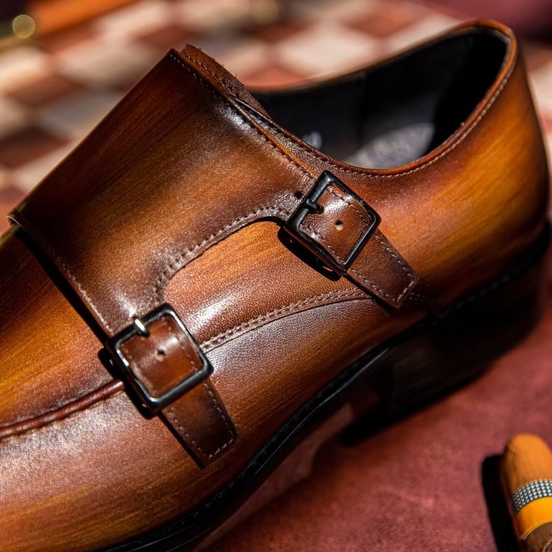 Pánske Spoločenské Topánky Monkstrap Elegantné Z Hovädzej Kože - Káva