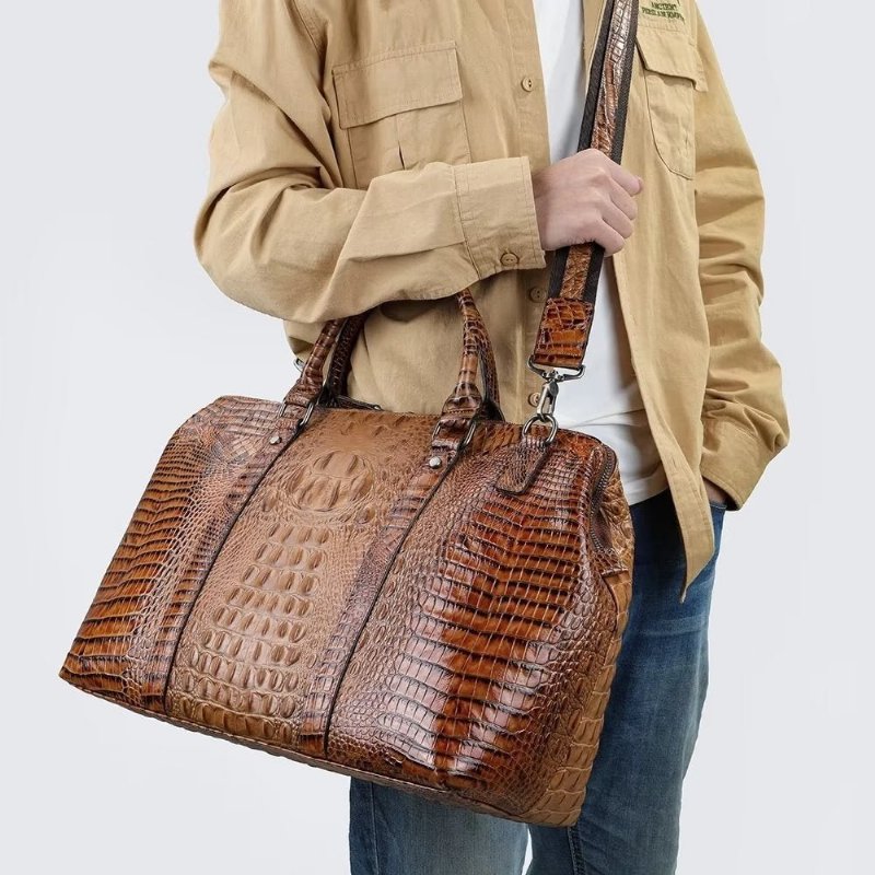 Pánske Tašky Cez Rameno Exotic Crocodile Leather Travel Duffle - Káva