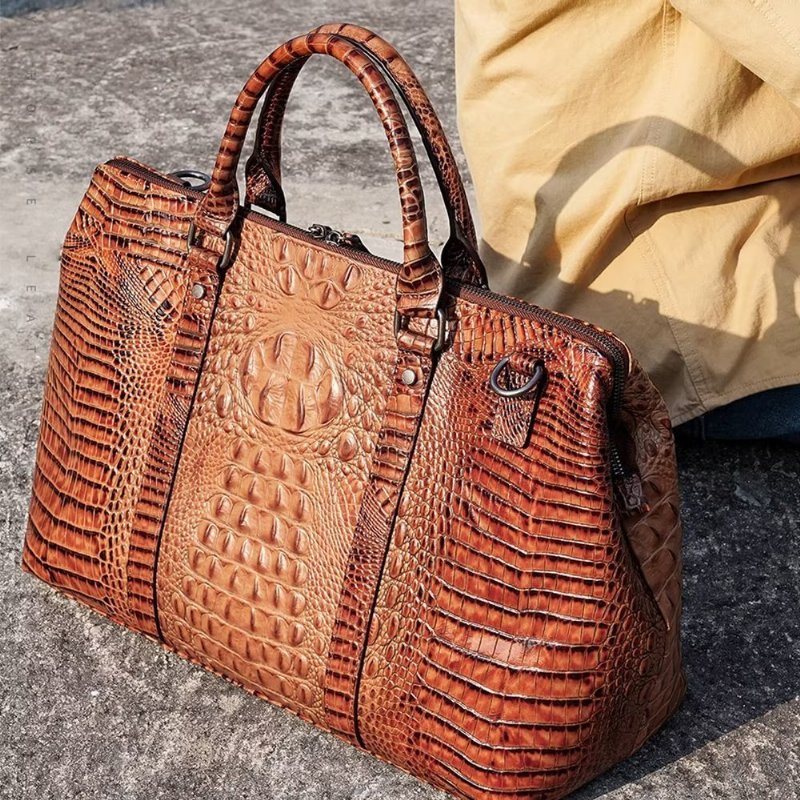 Pánske Tašky Cez Rameno Exotic Crocodile Leather Travel Duffle - Káva