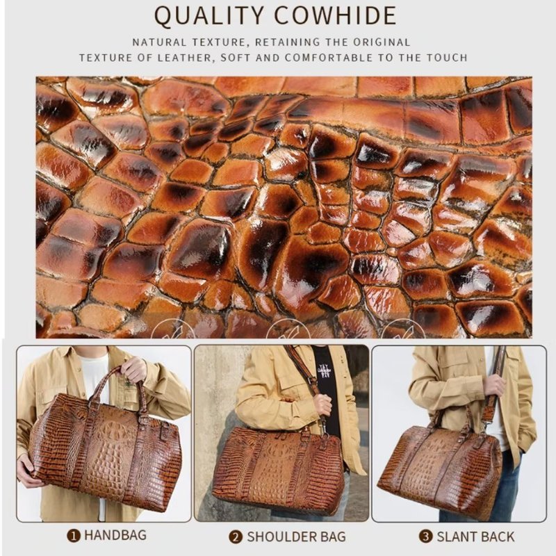 Pánske Tašky Cez Rameno Exotic Crocodile Leather Travel Duffle - Káva