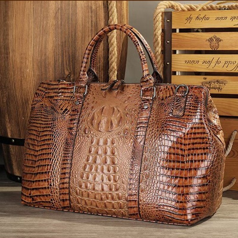 Pánske Tašky Cez Rameno Exotic Crocodile Leather Travel Duffle - Káva