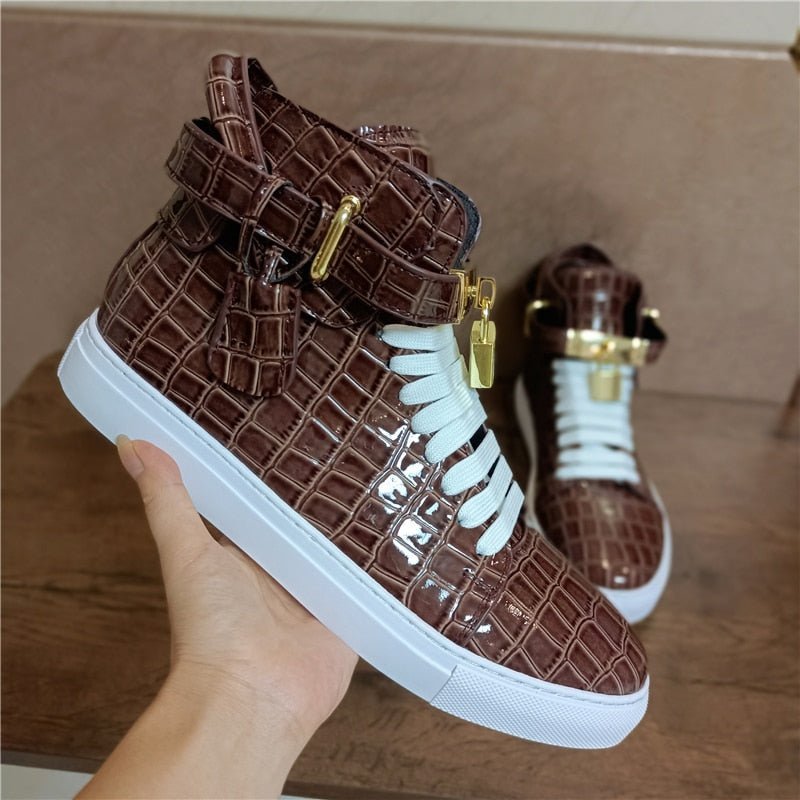 Pánske Tenisky Embossed High Top Designer Flat Sneakers - Káva